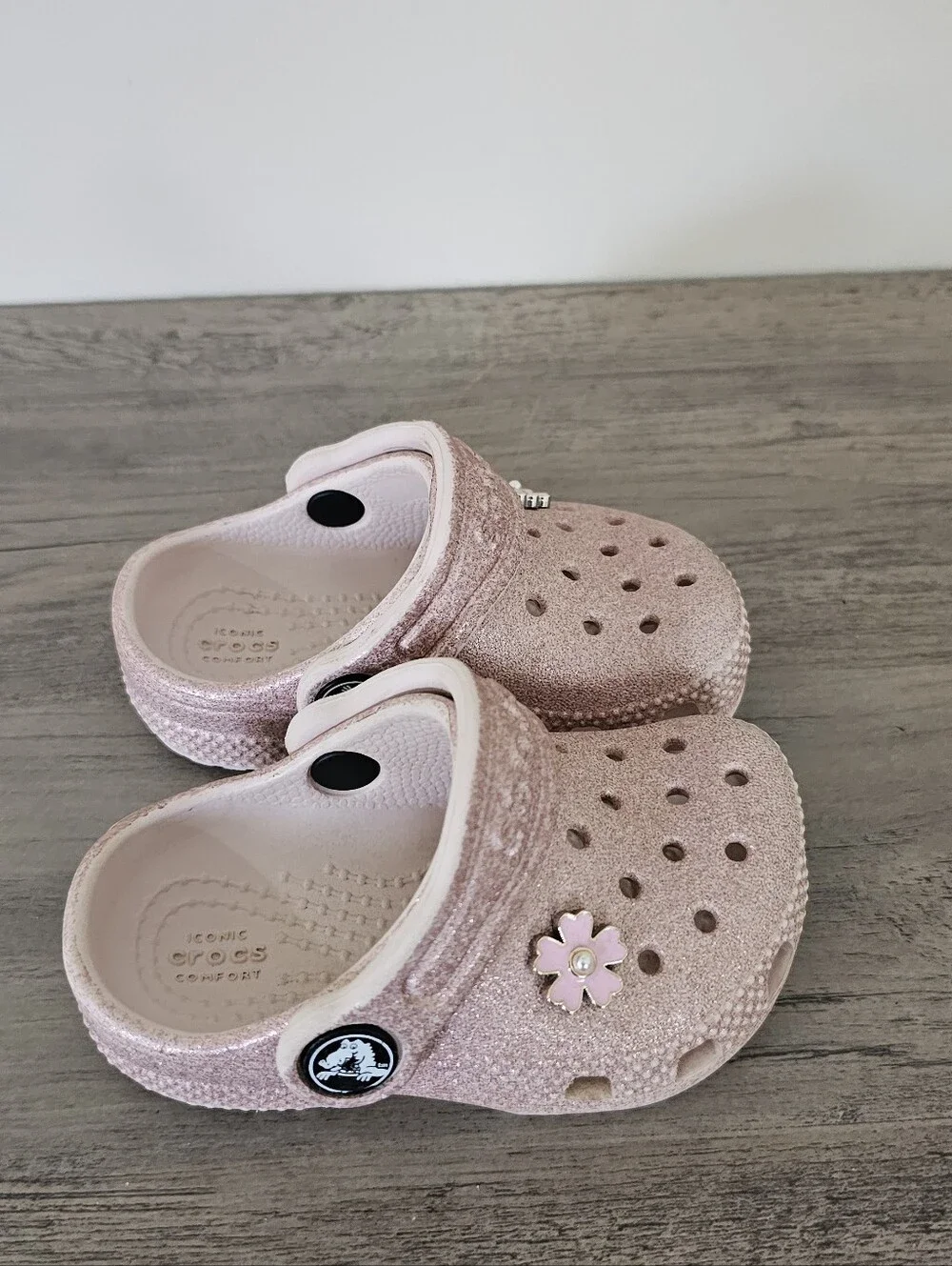 Crocs Kids Glitter Rose Pink Clog Shoes with Flower Charm Infant Girl 4